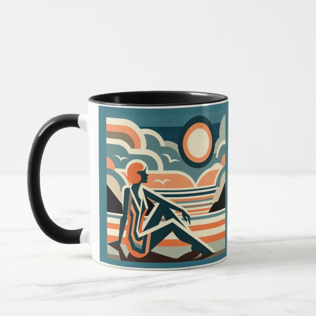 Caneca Mulher na praia no Sunset Art Deco Design (Esquerda)