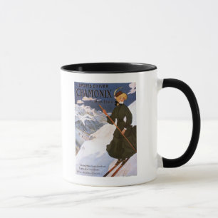 Caneca Mulher no poster verde do esqui