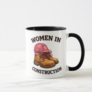 Caneca Mulheres na Construção com Botas de Trabalho e Cap
