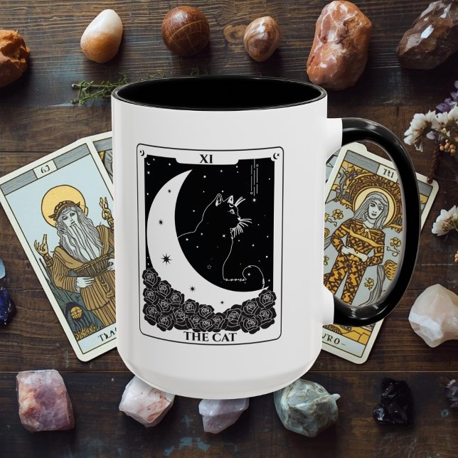 Caneca Mystical Cat Tarot Card Black and White Mug (Cat Tarot Card Black and White Mug for the witchy, spiritual and psyhic.)
