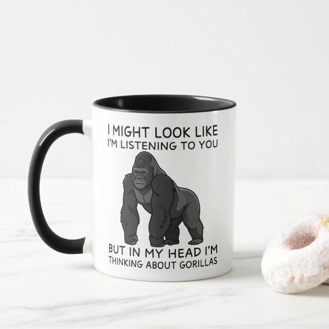 Caneca Na Minha Cabeça Estou Pensando Sobre Gorilas Engra (Com Donut)