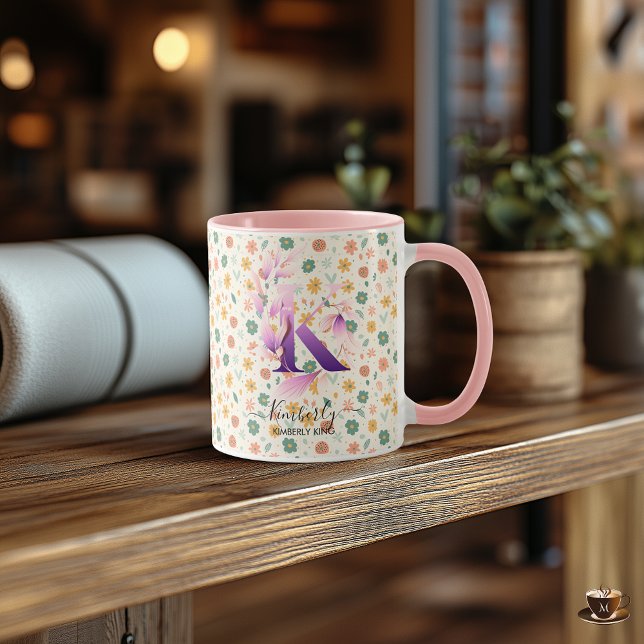 Caneca Na moda Boho Chic Floral Monogramas Mug - K (Criador carregado)