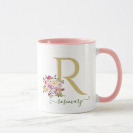 Caneca Na moda Floral Dourado Cor-de-Rosa, Nome do Monogr