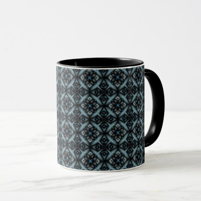 Caneca na moda, geométrico, azul, preto, oriental, (Frente Esquerda)