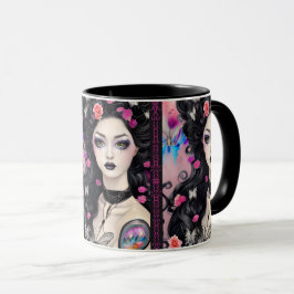 Caneca Na moda Gótico Tatuagem Rapariga Preta e Rosa