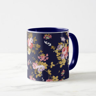 Caneca Na moda marinho azul cor-de-rosa-boho floral