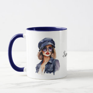 Caneca Na moda mulher Vestindo um chapéu