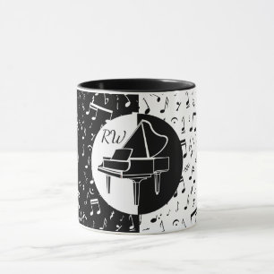 Caneca Na moda preto e branco Piano e design de música