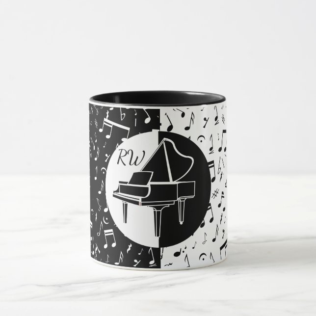 Caneca Na moda preto e branco Piano e design de música (Centro)