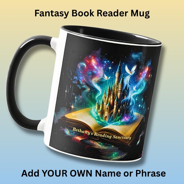 Caneca Name, Fantasy Castle Book Novel Reading Sanctuary (Criador carregado)