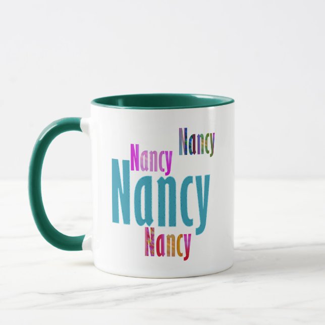Caneca "Nancy", "Diversão" e "Cor-de-rosa", inscrição azu (Esquerda)