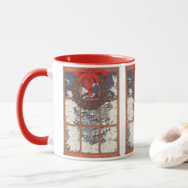 Caneca Natais vintages em uma janela com neve (Com Donut)
