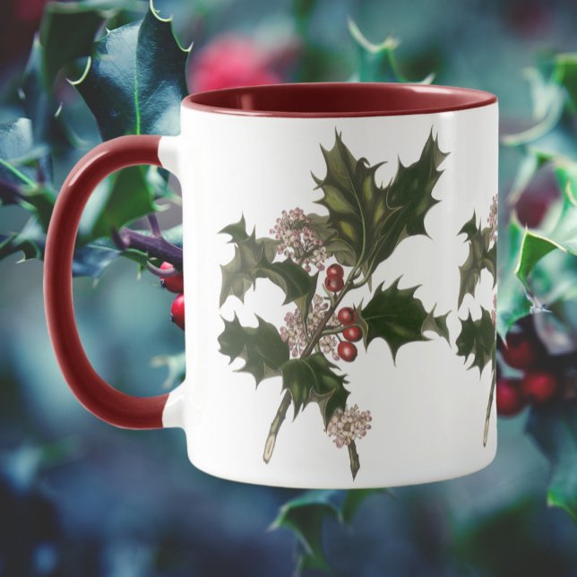 Caneca Natais vintages, Holly Plant com Red Berries (Criador carregado)