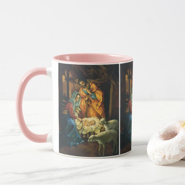 Caneca Natais vintages Natividade, Jesus bebê em Manger (Com Donut)
