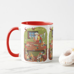 Caneca Natais vintages Papais noeis com Elves no Workshop