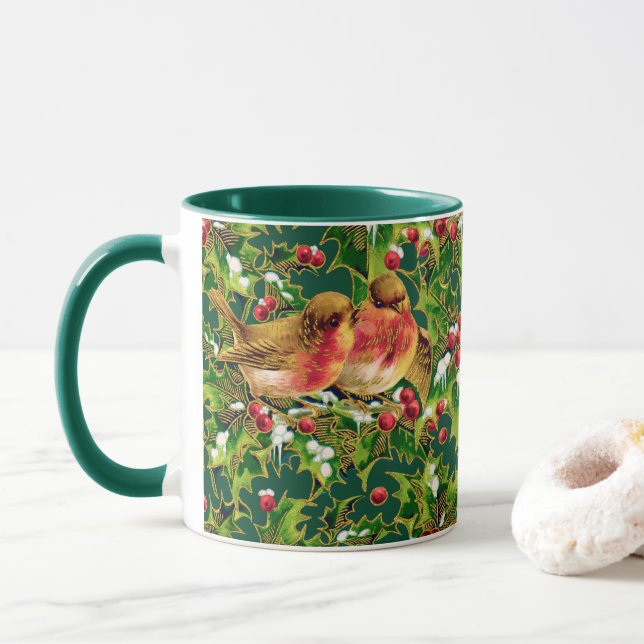 Caneca Natais vintages Pássaros Holly Faux Padrão Dourado (Com Donut)