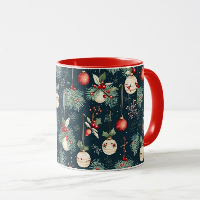 Caneca Natais vintages Teal e Red Ornament (Frente Esquerda)