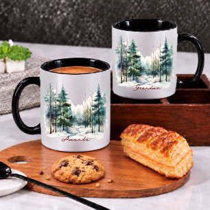 Caneca Natal adorável floresta de pinheiros aquarela verd