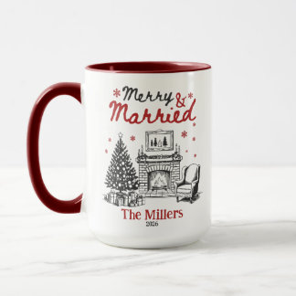 Caneca Natal Alegre e Casado Lareira Nome Personalizado