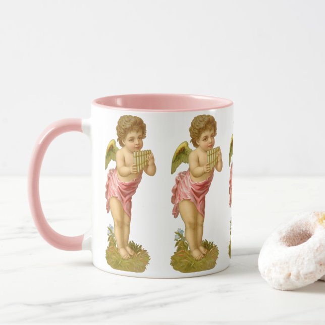 Caneca Natal Antigo, Anjo Músico com Flauta de Pã (Com Donut)