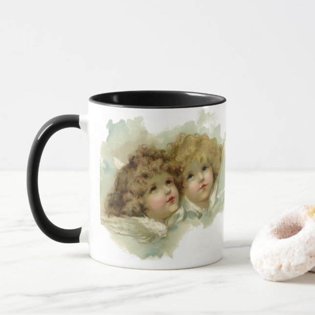 Caneca Natal Antigo, Anjos Vitorianos nas Nuvens (Com Donut)