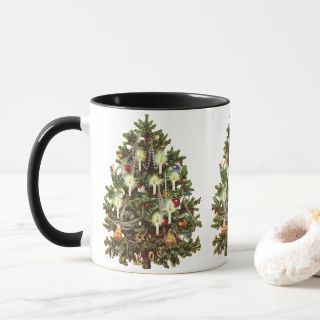 Caneca Natal Antigo, Árvore Vitoriana Decorada (Com Donut)