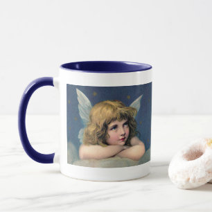 Caneca Natal Antigo, Belo Anjo com Estrelas Douradas