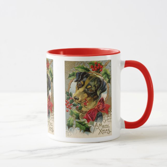 Caneca Natal Antigo, Cachorro Filhote Dachshund com Azevi (Direita)