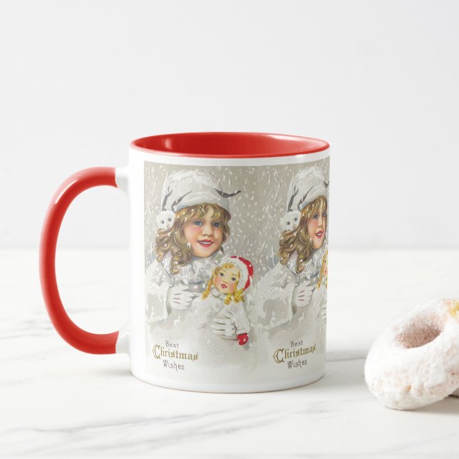 Caneca Natal Antigo Menina Vitoriana com Boneca na Neve (Com Donut)