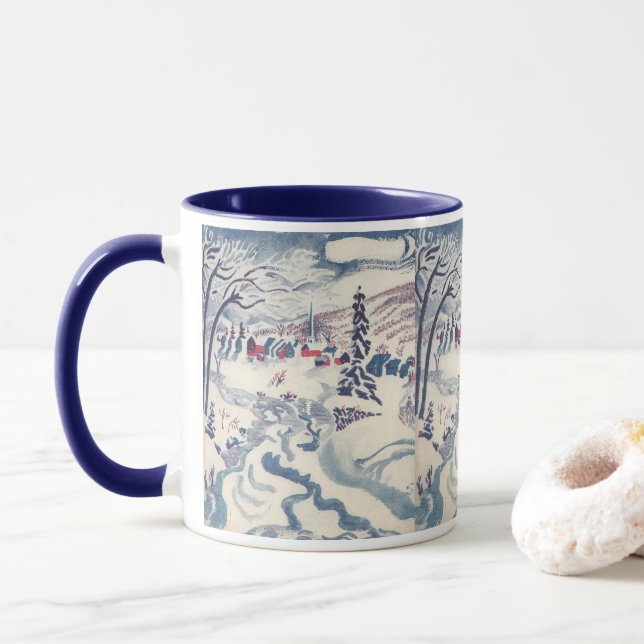 Caneca Natal Antigo, Paisagem de Neve com Vila de Inverno (Com Donut)