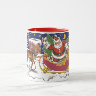 Caneca Natal Antigo, Papai Noel Alegre com Trenó