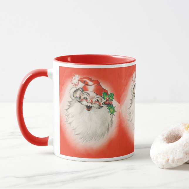 Caneca Natal Antigo, Papai Noel Alegre dos Anos 50 (Com Donut)