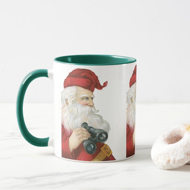 Caneca Natal Antigo, Papai Noel com Binóculos (Com Donut)