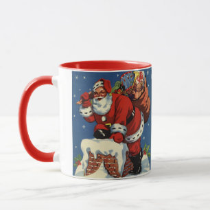 Caneca Natal Antigo, Papai Noel Descendo a Chaminé com Br