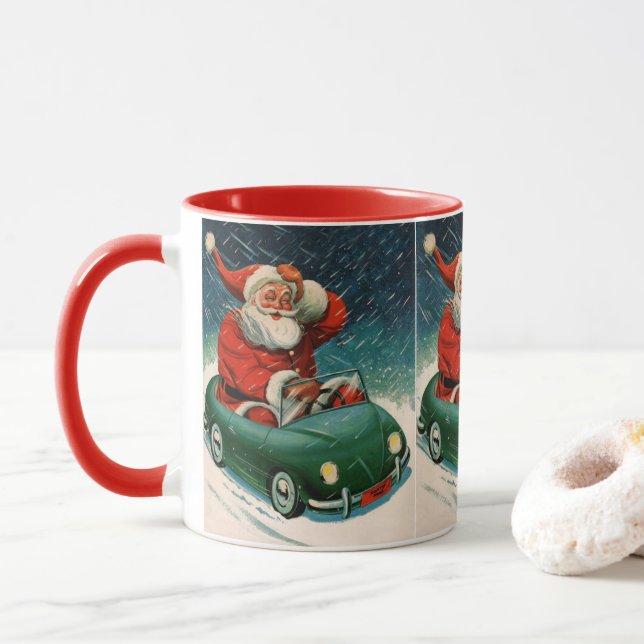 Caneca Natal Antigo, Papai Noel num Carro Fofo (Com Donut)