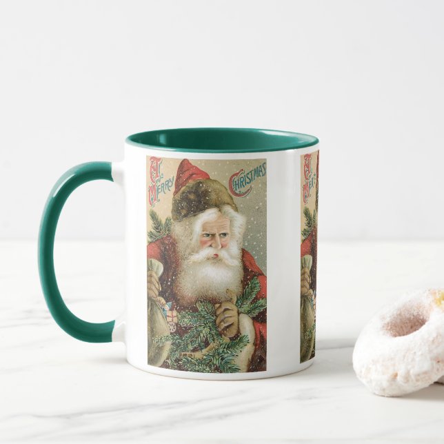 Caneca Natal Antigo, Papai Noel Vitoriano com Pinheiro (Com Donut)