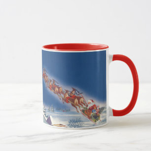Caneca Natal Antigo, Papai Noel Voando com Trenó e Rena