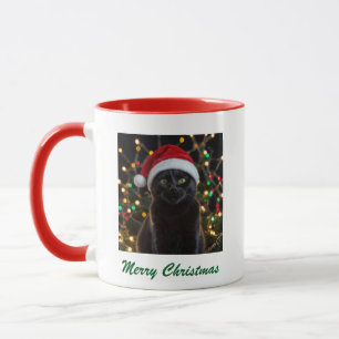 Caneca Natal Black Cat - Foto personalizada do Santa Hat