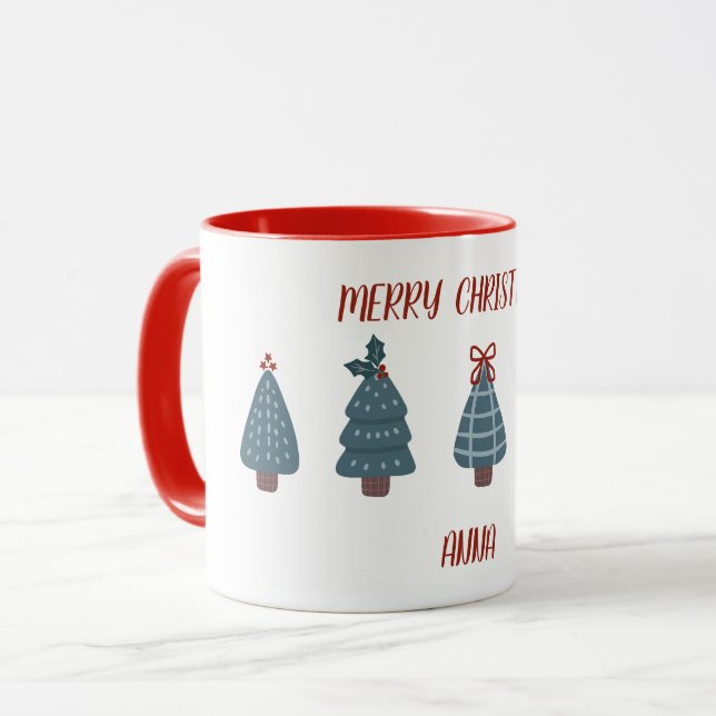 Caneca Natal bonito com árvores de Natal desenhadas à mão (Frente Esquerda)