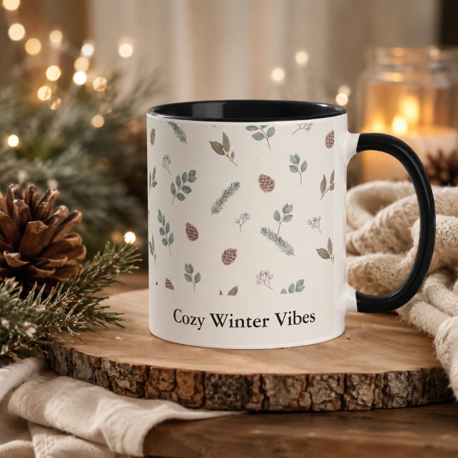 Caneca Natal Botânico de Inverno Marfim Folhagem Personal (Winter Botanical Christmas Ivory Greenery Custom Mug)