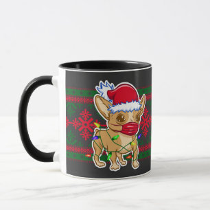 Caneca Natal chihuahua vestindo uma máscara médica