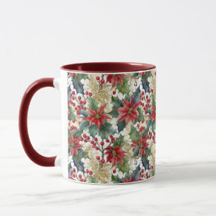 Caneca Natal com padrão de poinsettia e azevinho em aquar