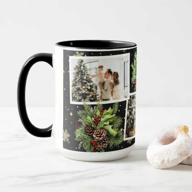 Caneca Natal da Colagem de Fotos em Preto Botânico de inv (Com Donut)