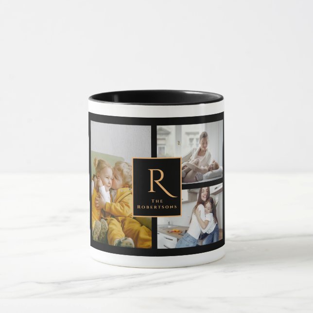 Caneca Natal do Monograma de Colagem de Fotos da Família  (Centro)