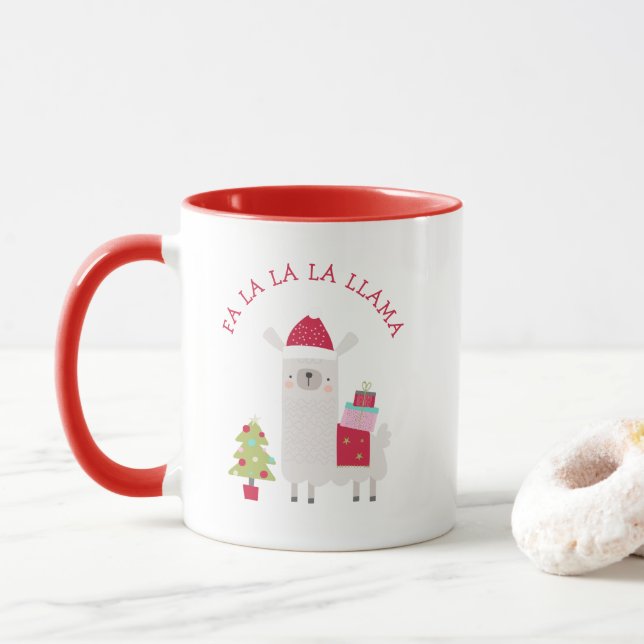 Caneca Natal Fofo Fa La La La Lhama Vermelho (Com Donut)