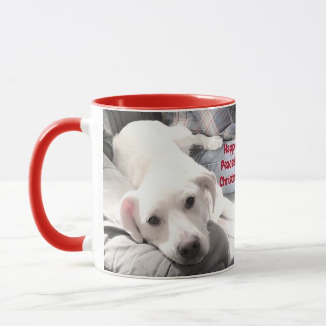 Caneca Natal Fofo Feliz Pacífico Cachorro Branco Vermelho (Esquerda)