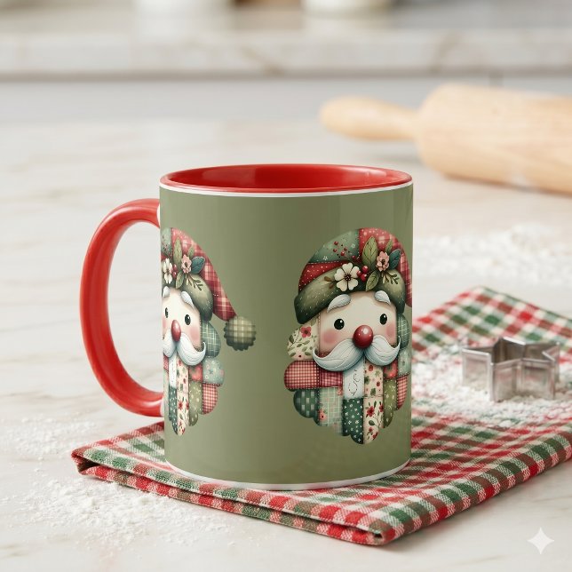 Caneca Natal Folclórico Caprichoso em Patchwork (Whimsical Patchwork Santa Folk Christmas Mug)
