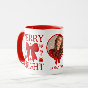 Caneca Natal Foto com Laço Xadrez Vermelho Alegre e Brilh