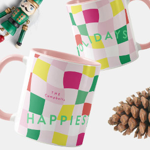 Caneca Natal Moderno Colorido Rosa Xadrez Tártan