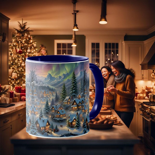 Caneca Natal numa aldeia montanhosa, luzes polares (Criador carregado)